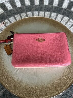 Coach Pink Pebbled Leather Wristlet with Gold Logo